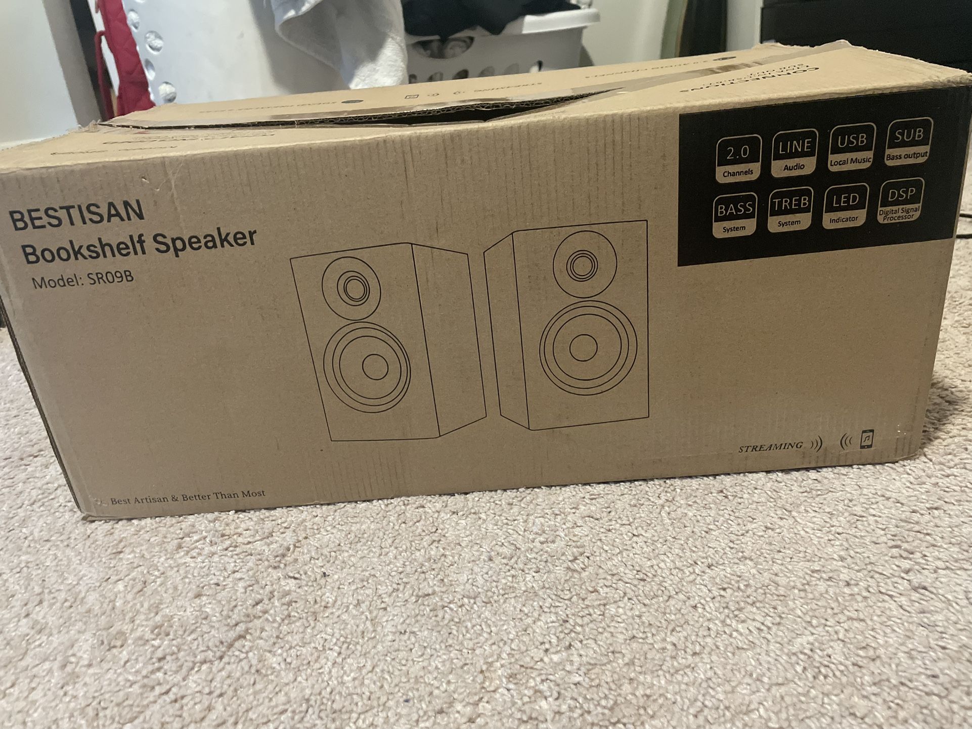 unopened unused bookshelve speakers