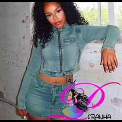 Women 2 Piece Stretchy Denim Zip Up Cargo Mini Skirt Custom Set