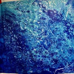 abstract fluid acrylic painting, likely created using a technique called "acrylic pouring". The painting features various shades of blue and white, re