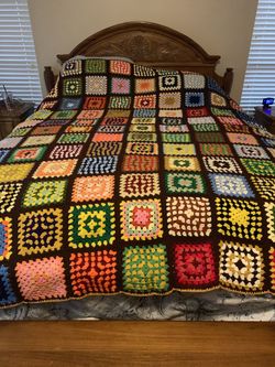 Vintage Granny Square Crochet Blanket CA King