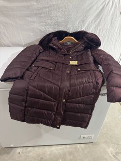 Women's Burgundy Puffer Coat with Fur Hood