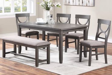 Gray 6 piece Dining Set gray table, 4 upholstered chairs & bench Seats 6 pick up delivery available