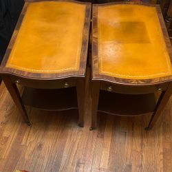 Vintage Leather Top 1940s Mersman Mahogany Side Tables