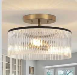 3-Light Glass Semi-Flush Mount Ceiling Light, 14'' Matte Black and Gold Finish Drum Light with Ribbed Glass, Modern Ceiling Light Fixture for Hallway,