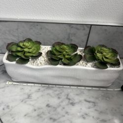 3 Faux Green succulents In Rectangular Ceramic White Planter