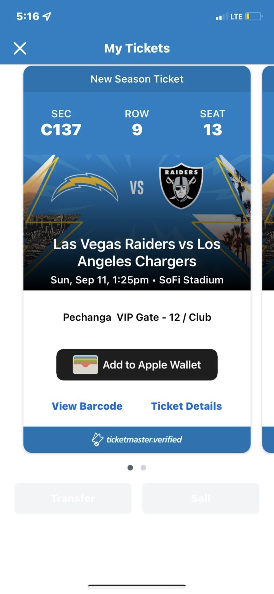 2 Tickets To The Raiders vs chargers sept. 11