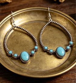 Vintage Western Faux Turquoise Teardrop Earrings – Boho Cowboy Statement Jewelry