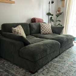 90” Green Corduroy Sleeper / extra deep Couch
