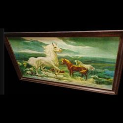 Large Retro Lumen Winter White Stallion Framed Print. 50 + Years Old.