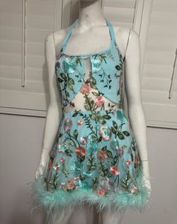 New small aqua embroidered floral dress boho iHR mini flower spring tea cottage