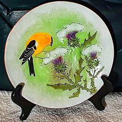 Brumm Midcentury enameled copper dish plate 7" D depicting a goldfinch bird w stand !  PERFECT ! 
