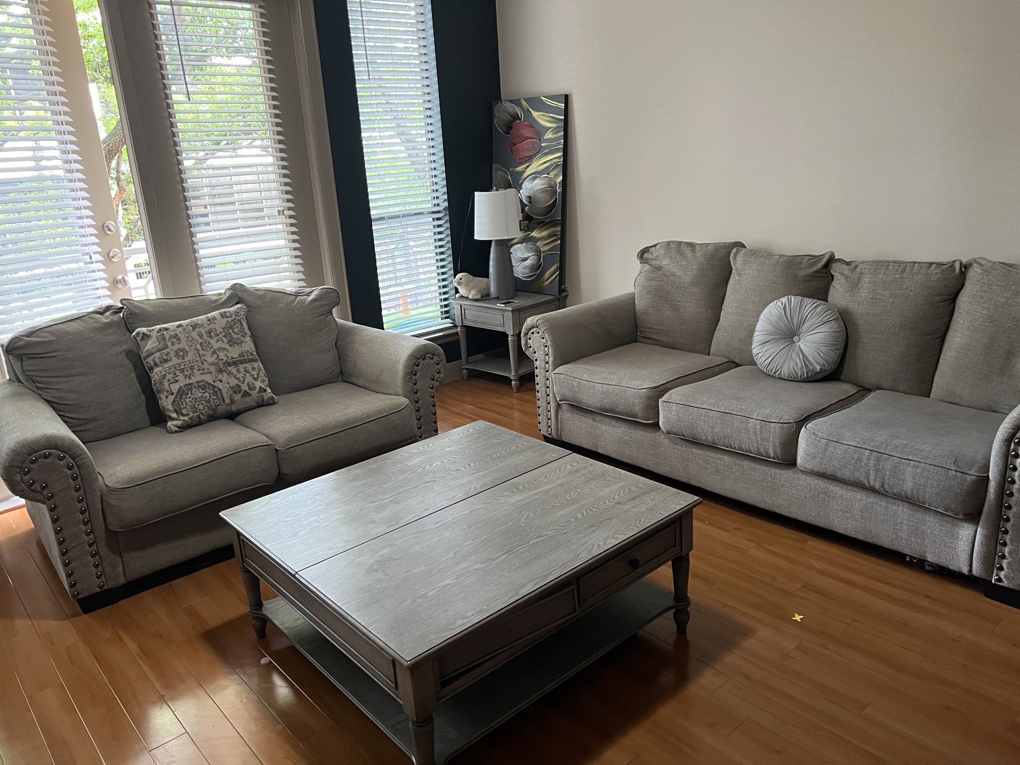 Grey Sofas,coffee table And 2 Sides Tools 