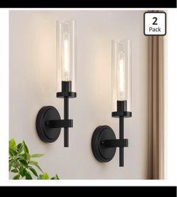 Juego de 2 apliques de pared cableados, apliques de baño negro mate con vidrio transparente