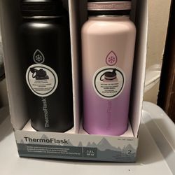 Thermoflask 40oz Stainless Steel Insulated Water Bottles with Straw and Spout Lids, 2-pack, Black/Rose Purple