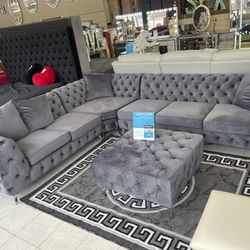 Grey Velvet Sectional Sofa + Free Delivery | New ✨ 