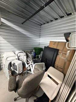 Storage unit, Electronics, TVs like new 2yrs old, desks & office furniture, party chairs.