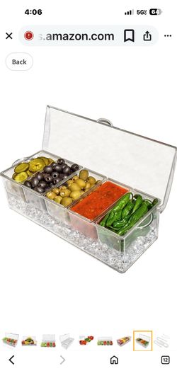 Ice Chilled 5 Compartment Condiment Server Caddy - Serving Tray Container with 5 Removable Dishes with Over 2 Cup Capacity Each and Hinged Lid | 3 Ser