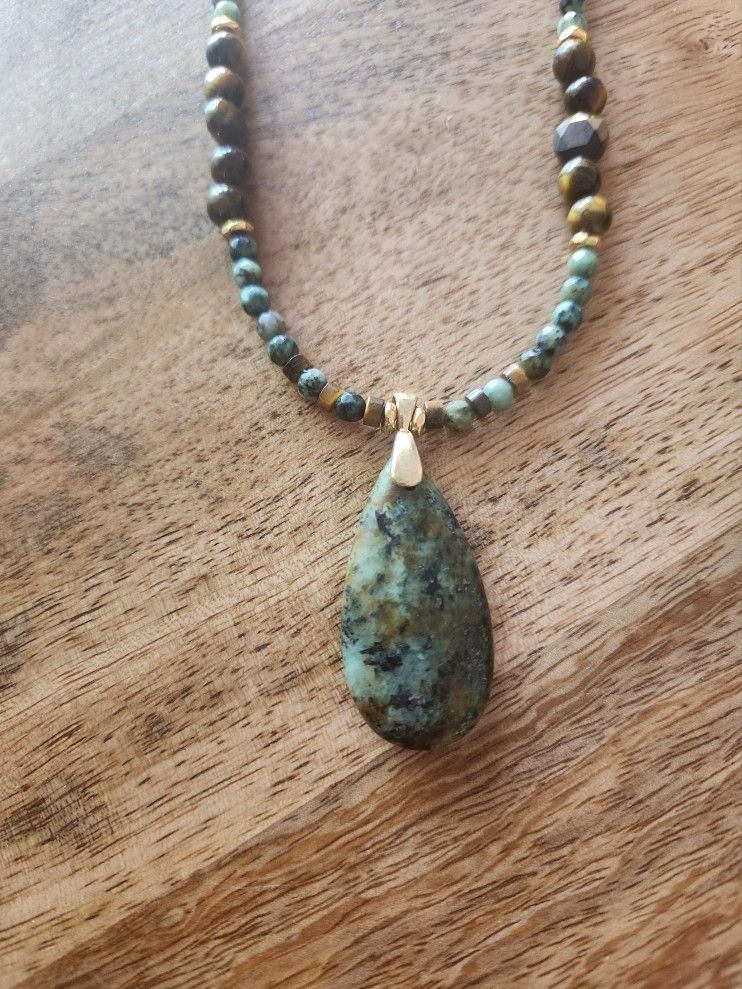 Green Turquoise Tiger Eye 14K Necklace