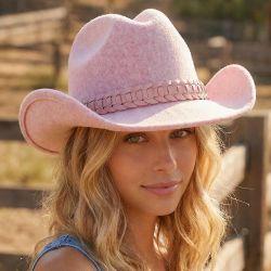 New Pink Felt Wide-Brim Cowboy hat with Braided faux leather Band