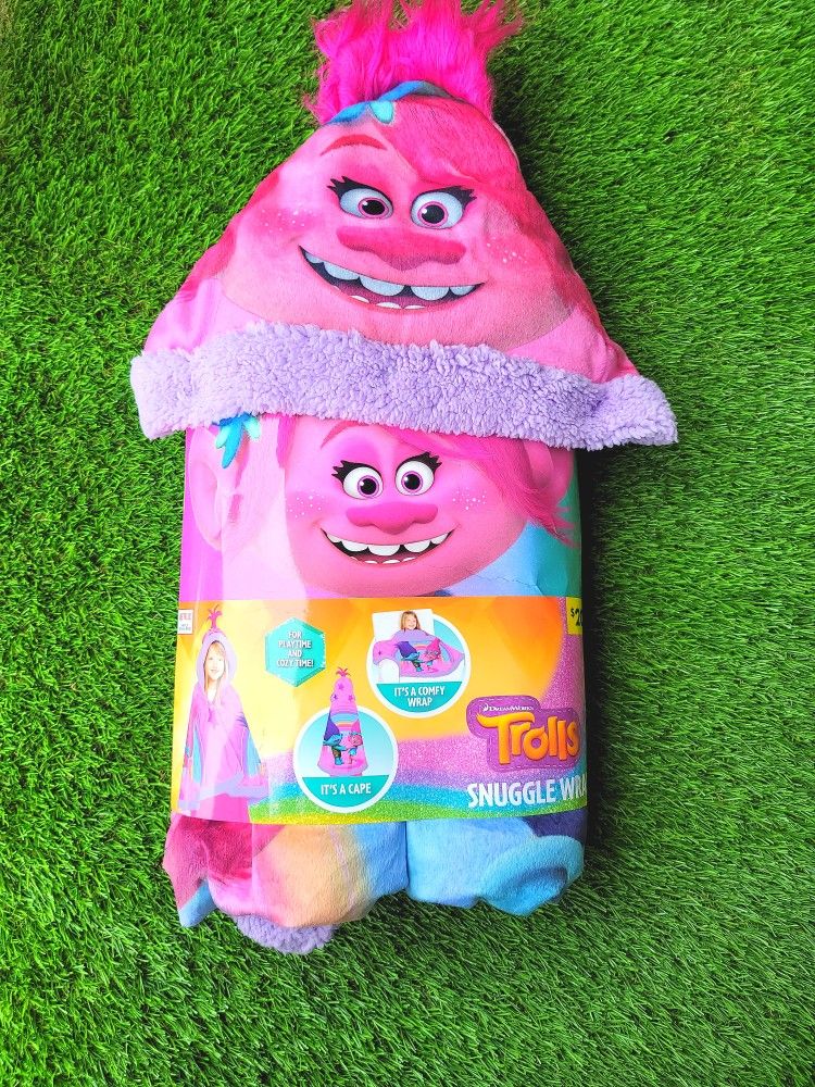 NEW Trolls World Tour Snuggle Wrap Hooded Cape Kids Pink Throw Blanket 29" X 55".