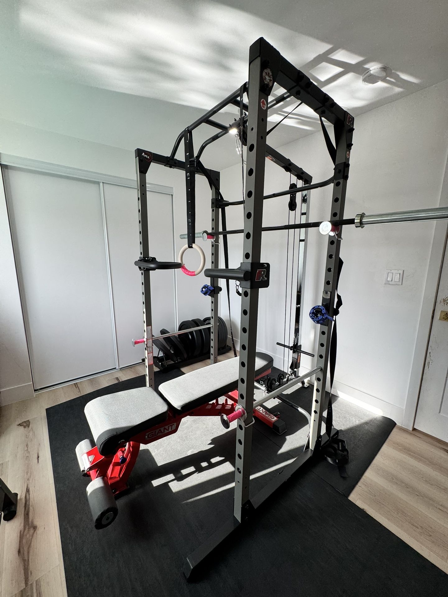 Home Gym Setup With Rack + Pulley + Rogue Bar + Plates + Bench + Wedge
