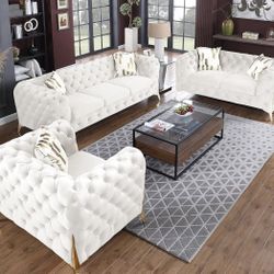 New White Microfiber Chesterfield Costco Three Piece Couch Set