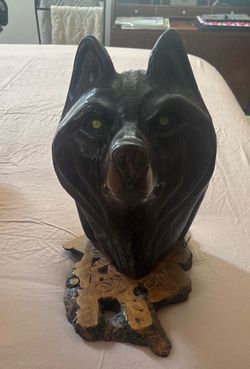 Vintage hand carved wooden wolf head on natural burl wood base