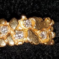 14k GOLD NUGGET VINTAGE RING DIAMONDS