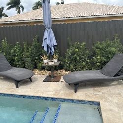 Pool Lounge Chairs & Umbrella With Base