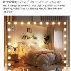 48''X36'' Hollywood Vanity Mirror with Lights, Rounded Rectangle White Frame, 3 Color Lighting Modes & Stepless Dimming, USB & Type-C Charging Port, W