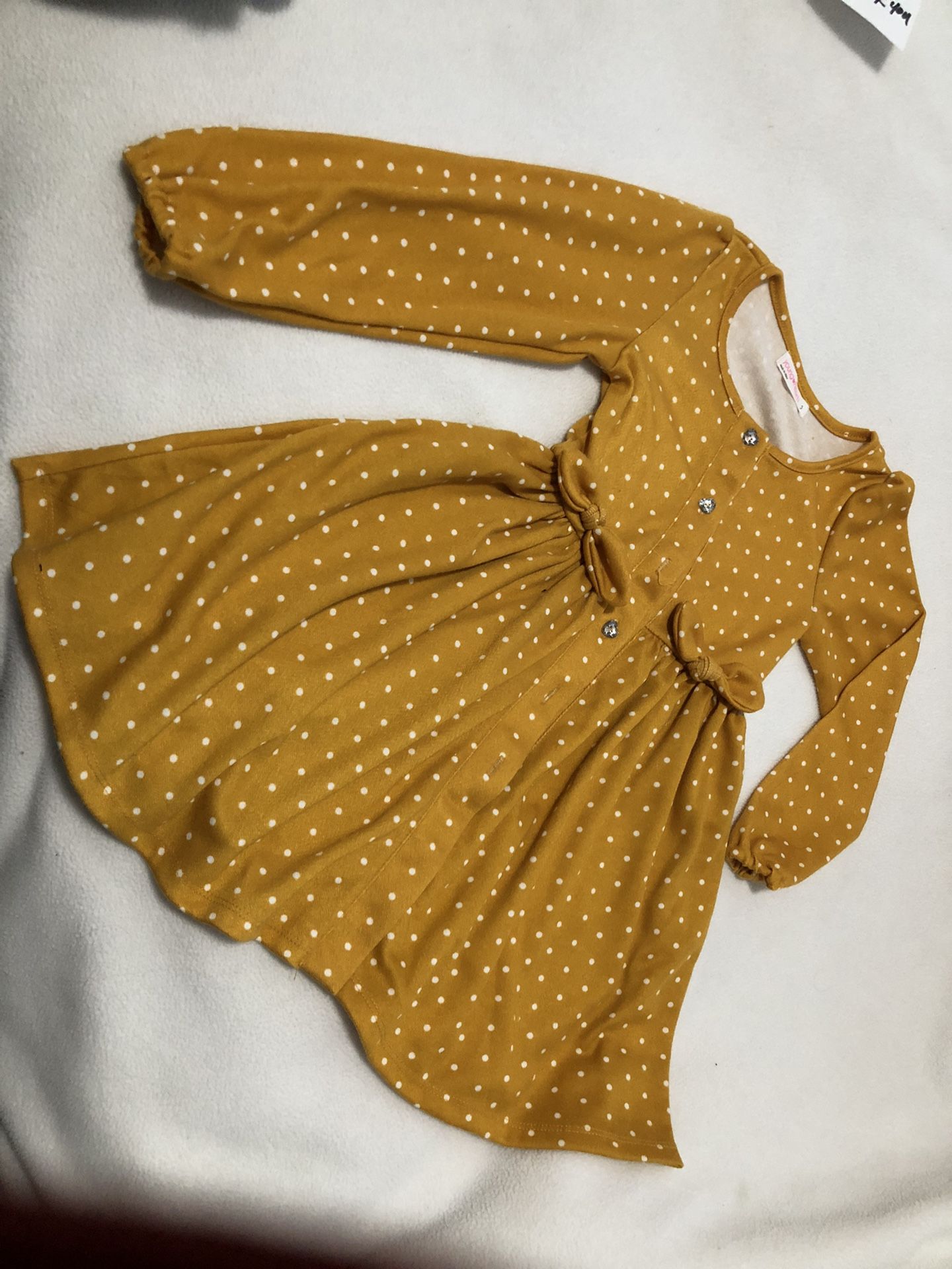 Little girls size 5 Dress By Young Hearts, Deep Mustard W White polka dots, Bows, Rhinestone Heart Buttons