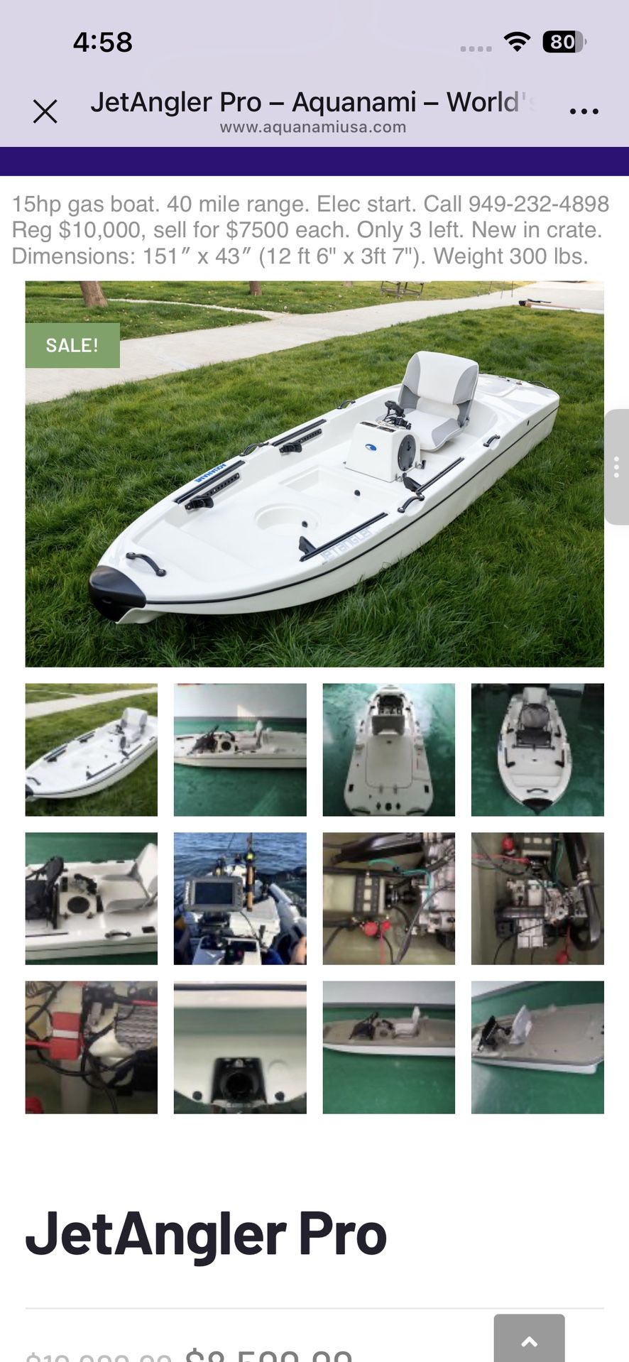 Brand new fiberglass gas fishing boat 12ft 6in by 3ft 7in.  Weighs 300 pounds. 15 hp gas engine with 40 mile range. Electric start.
