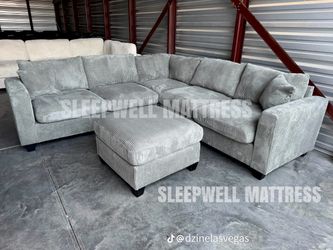 Gray Corduroy Sectional Sofa with Ottoman