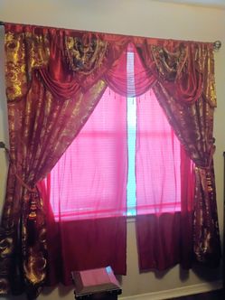 Burgundy and Gold Curtain Set with Valance