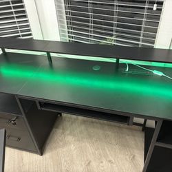 Black Office Desk With LED Lights And Power Strip