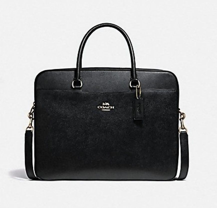 Coach Crossgrain Black Leather Slim Laptop Computer Bag Briefcase NEW