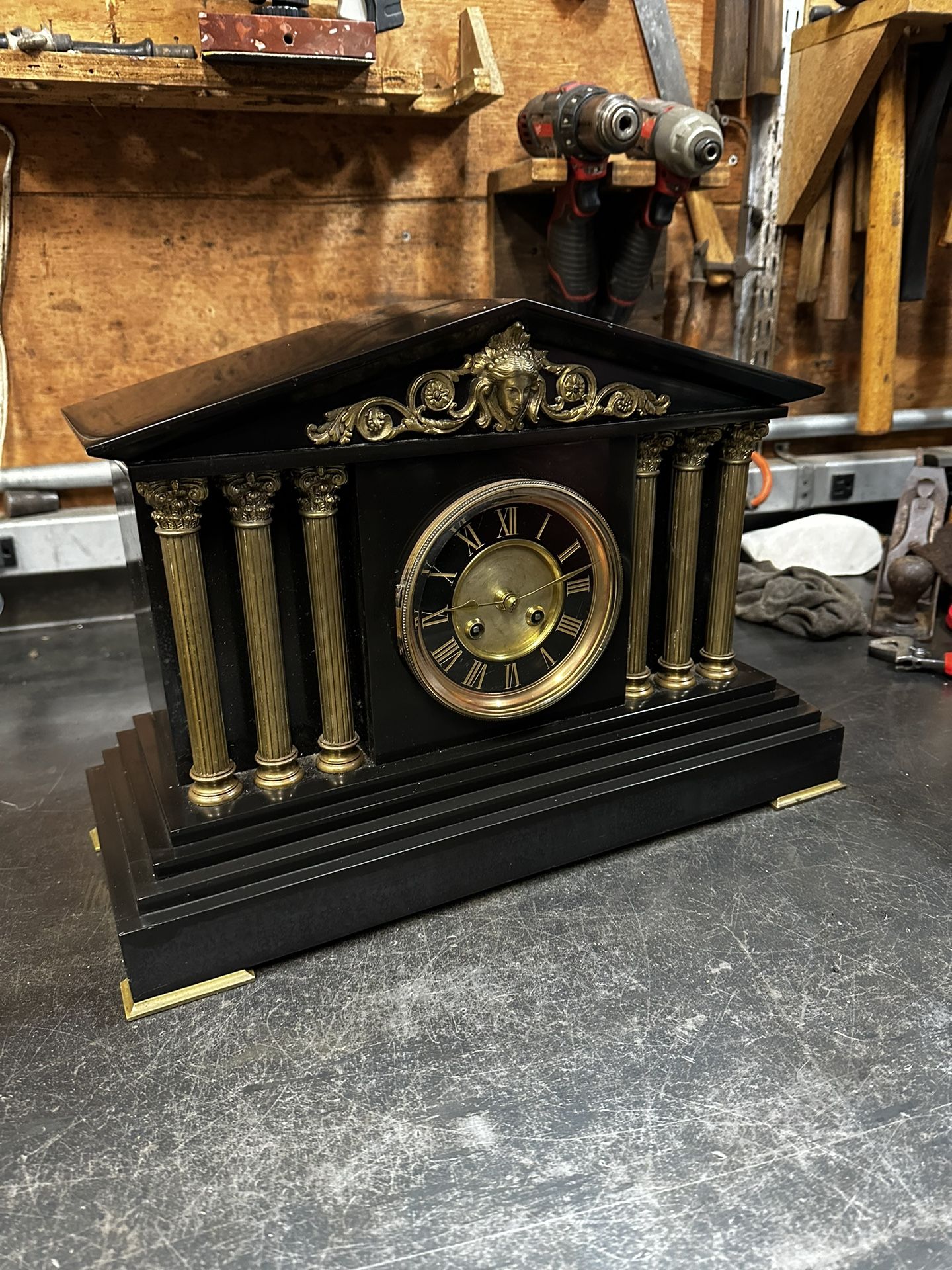 J. Marti & Co. Medaille de Bronze Parthenon Black Marble Clock No Key