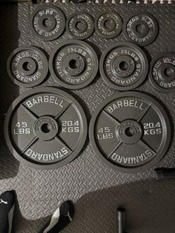 Complete set cast iron Olympic weight plates.
