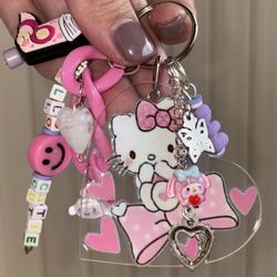 Hello Kitty And Happy Face Charm Bead Keychain 