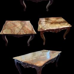 Italian Vintage 4p Hand Carved Wood Onyx Top Coffee Table Side Accent Set