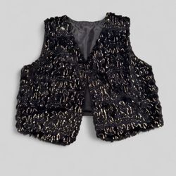 90s Vintage Faux Fur Black Vest With Gold Sequins 