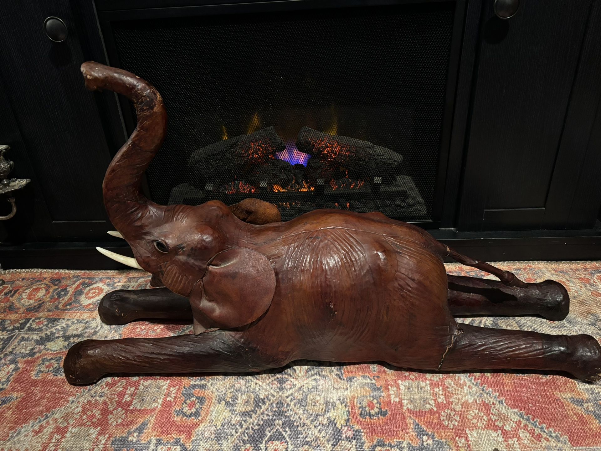 Vintage Leather Wrapped Elephant Laying Down Statue