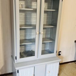 Light Blue Painted Hutch with Patterned Backing