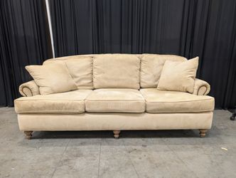 Traditional Huntington House Beige Fabric Couch with Nailhead Trim