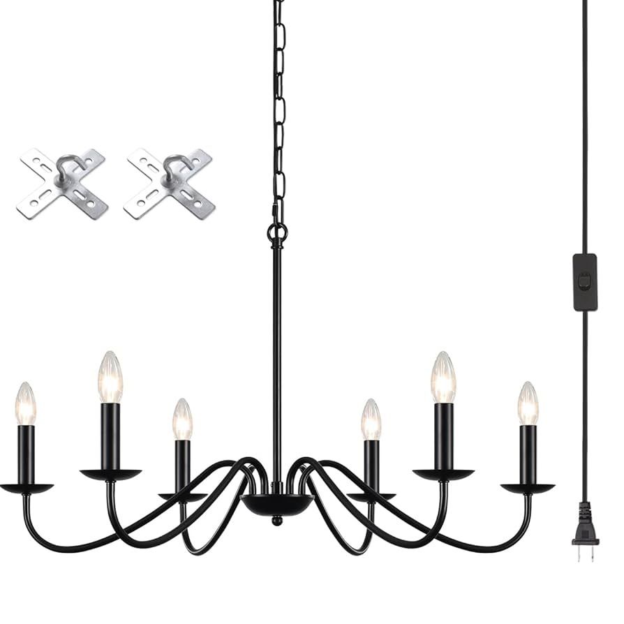 Plug in Farmhouse Chandelier Black 6 Lights Plug in Pendant Light Hanging Lights with Plug in Cord 15.1ft & Switch