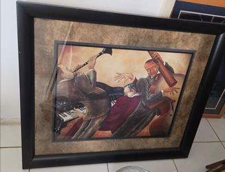 Framed jazz musicians art print. Frame size 36"×42", glass & mat, good condition. $70