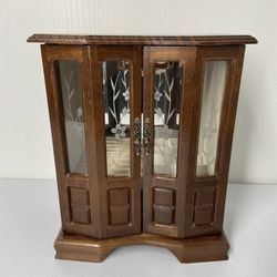 Vintage Wood Jewelry Box Armoire Etched Glass Look Carousel Mirror Flower Drawer