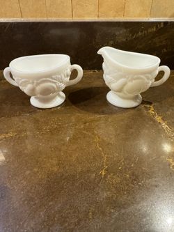 Vintage 2 piece set Milk Glass Footed Creamer Pitcher/ Sugar holder fruit design