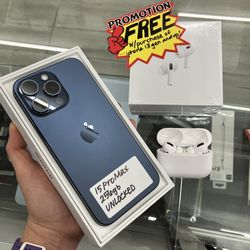 Blue iPhone 15 Pro Max Unlocked, FREE Headphones, Cheap $50 Down