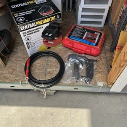 Air Compressor, Nail Gun , And Hose 